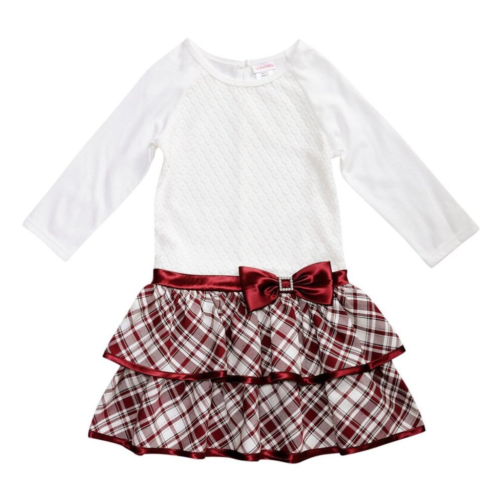 Youngland Ivory & Maroon Plaid Bow Ruffle-Hem Dress Girl Size 5